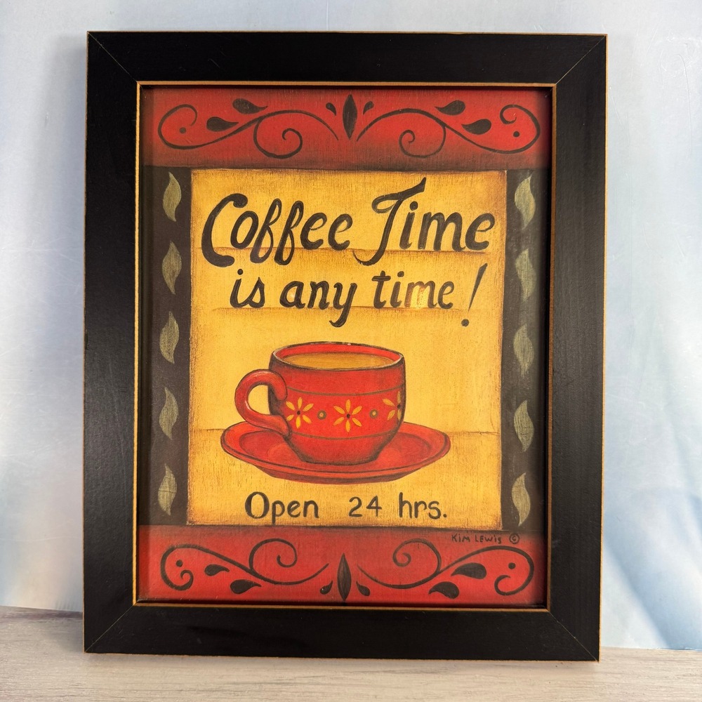 Kim Lewis Coffee Time Art Framed Wall Decor Red Yellow Folk Art Kitchen Barista